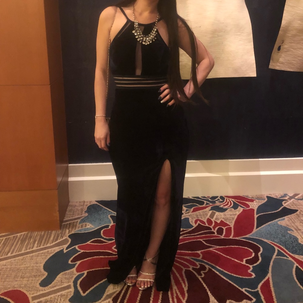 David’s bridal navy blue velvet dress with slit